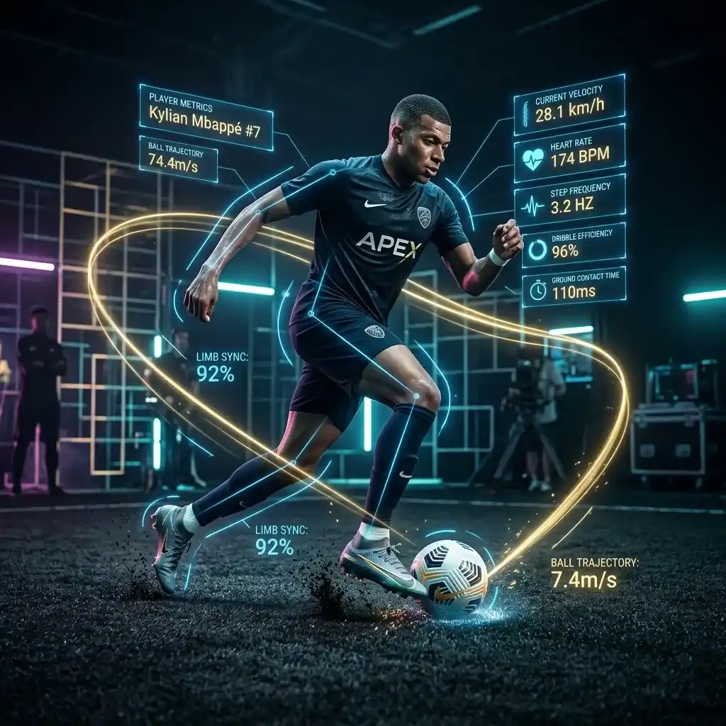 Footballer dribbling with real-time tracking hud indicators
