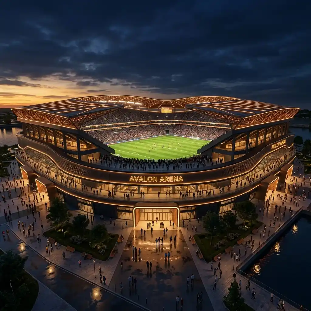 Virtual rendering of Arena Futura under clear skies